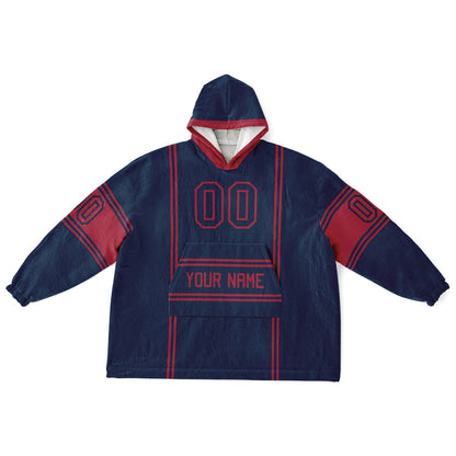 Nautical blue and red lineup snug hoodie featuring sleek line-art details and minimalist team-inspired design.