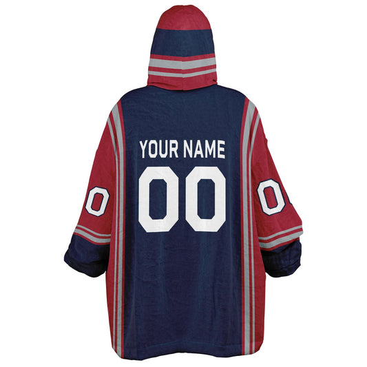 Nautical blue, red, and silver bold snug hoodie with triple color blocking and a sporty aesthetic.