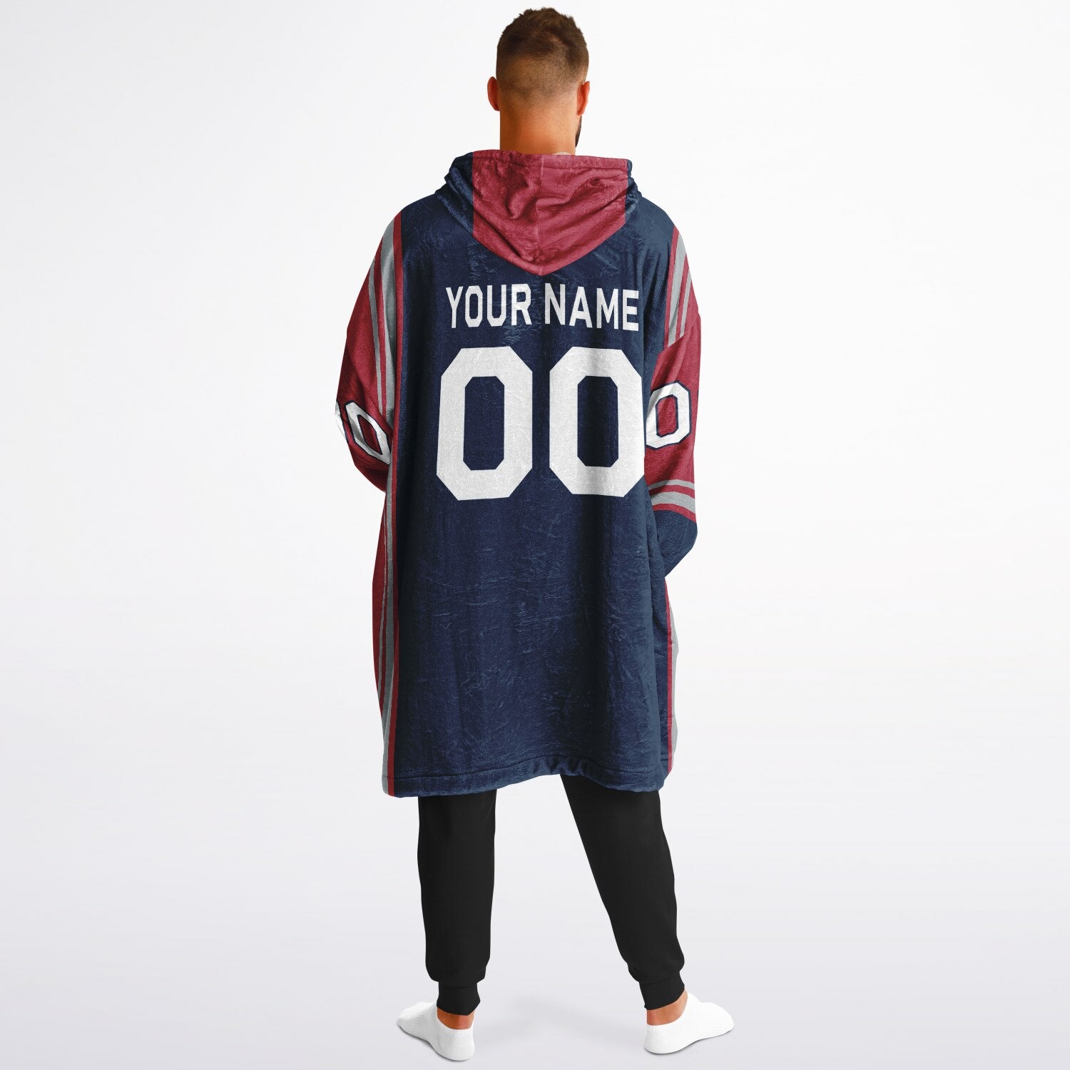 Nautical blue, red, and silver bold snug hoodie with triple color blocking and a sporty aesthetic.