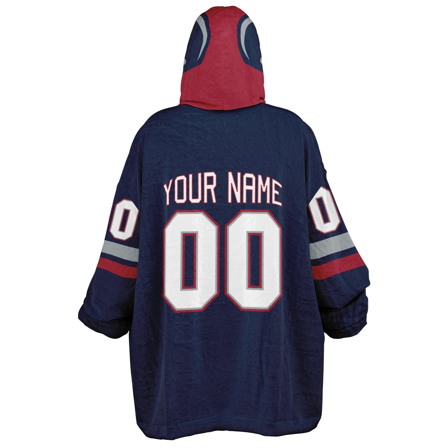 Nautical blue, red, and silver classic snug hoodie featuring authentic jersey striping and personalized number details.