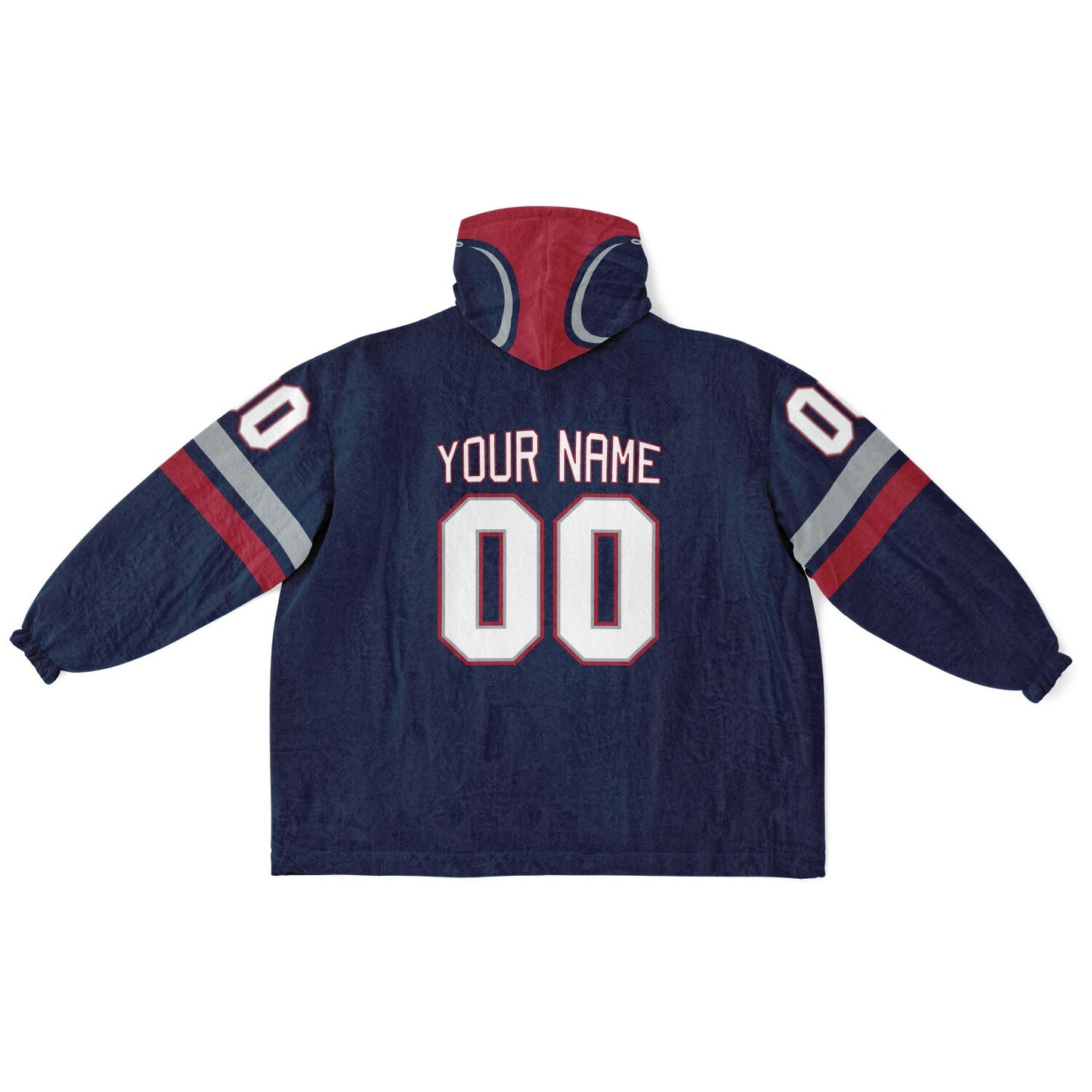 Nautical blue, red, and silver classic snug hoodie featuring authentic jersey striping and personalized number details.