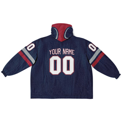 Nautical blue, red, and silver classic snug hoodie featuring authentic jersey striping and personalized number details.