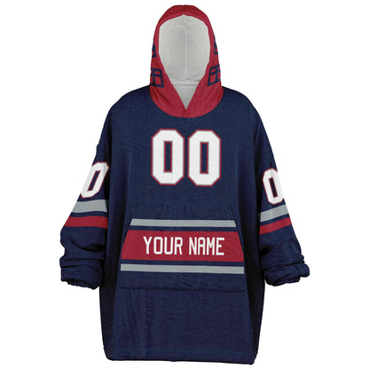 Nautical blue, red, and silver classic snug hoodie featuring authentic jersey striping and personalized number details.