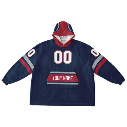 Nautical blue, red, and silver classic snug hoodie featuring authentic jersey striping and personalized number details.