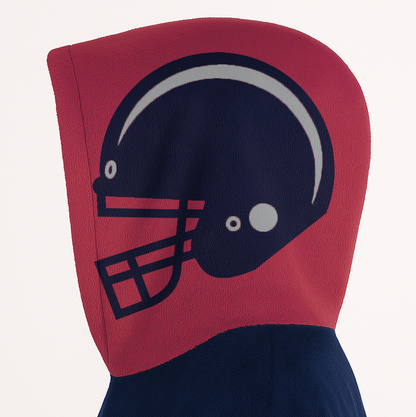 Nautical blue, red, and silver classic snug hoodie featuring authentic jersey striping and personalized number details.