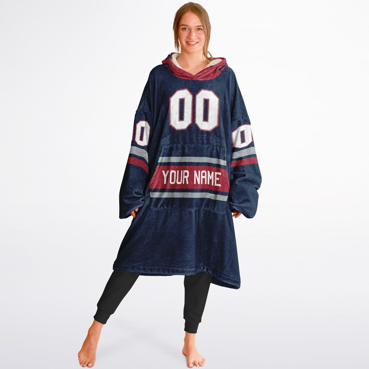 Nautical blue, red, and silver classic snug hoodie featuring authentic jersey striping and personalized number details.