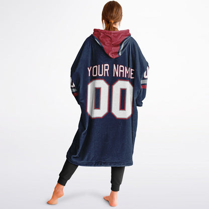 Nautical blue, red, and silver classic snug hoodie featuring authentic jersey striping and personalized number details.