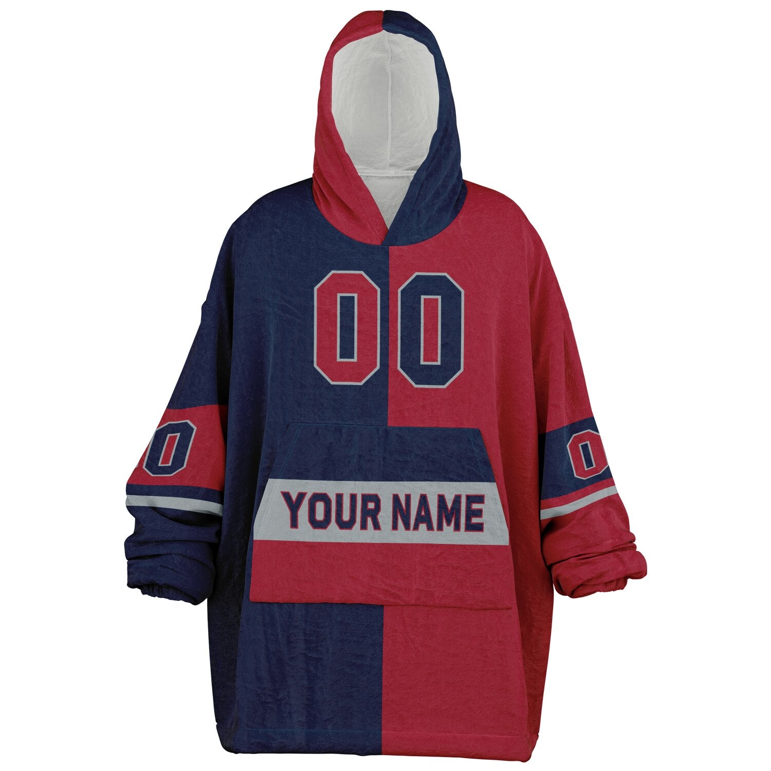 Nautical blue, red, and white halftime snug hoodie with three-tone split design and cozy fleece texture.