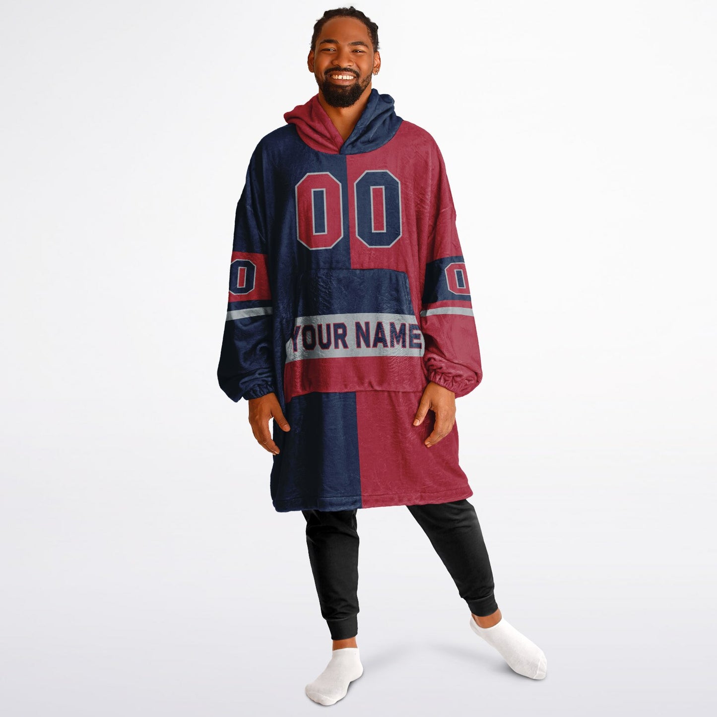 Nautical blue, red, and white halftime snug hoodie with three-tone split design and cozy fleece texture.