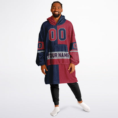 Nautical blue, red, and white halftime snug hoodie with three-tone split design and cozy fleece texture.