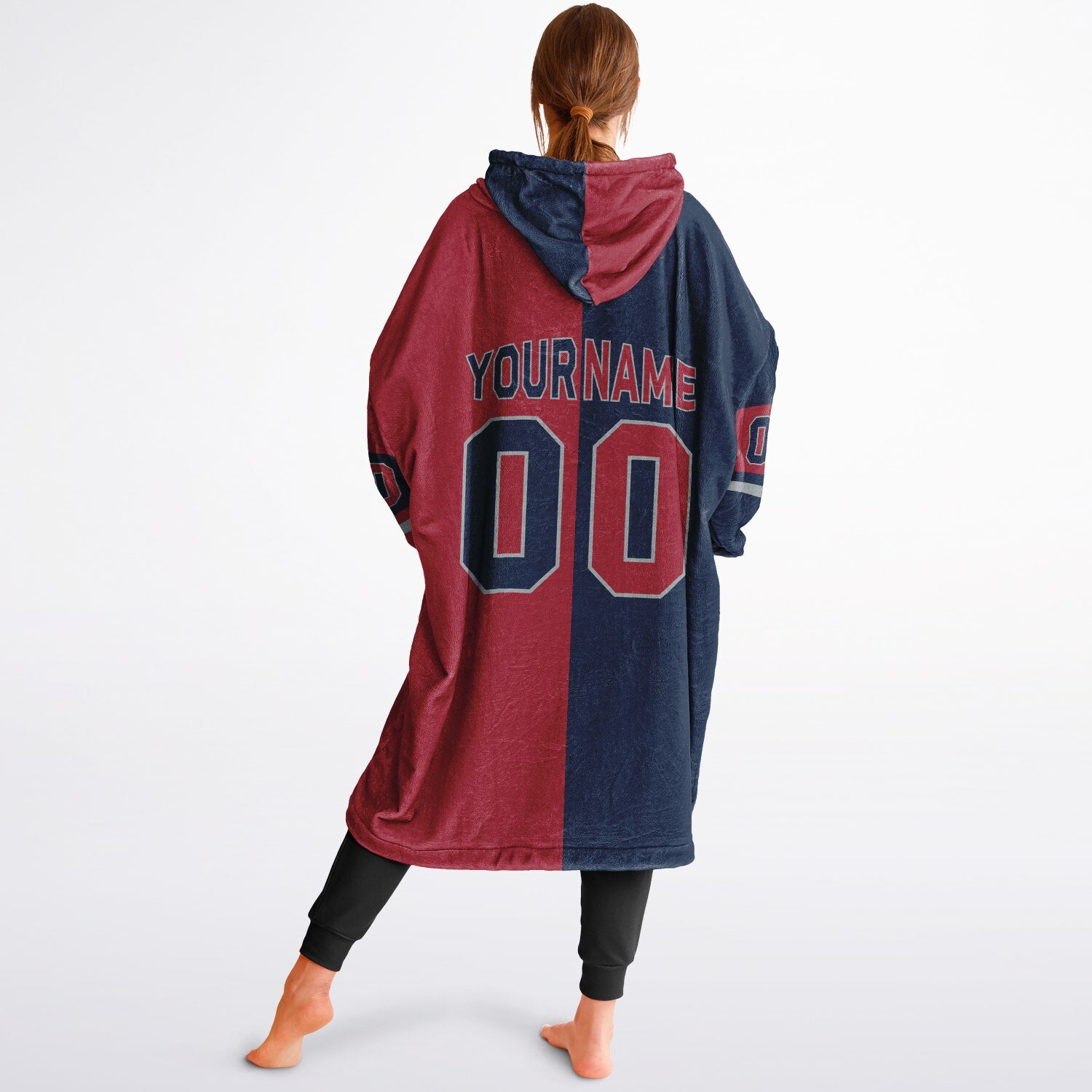 Nautical blue, red, and white halftime snug hoodie with three-tone split design and cozy fleece texture.