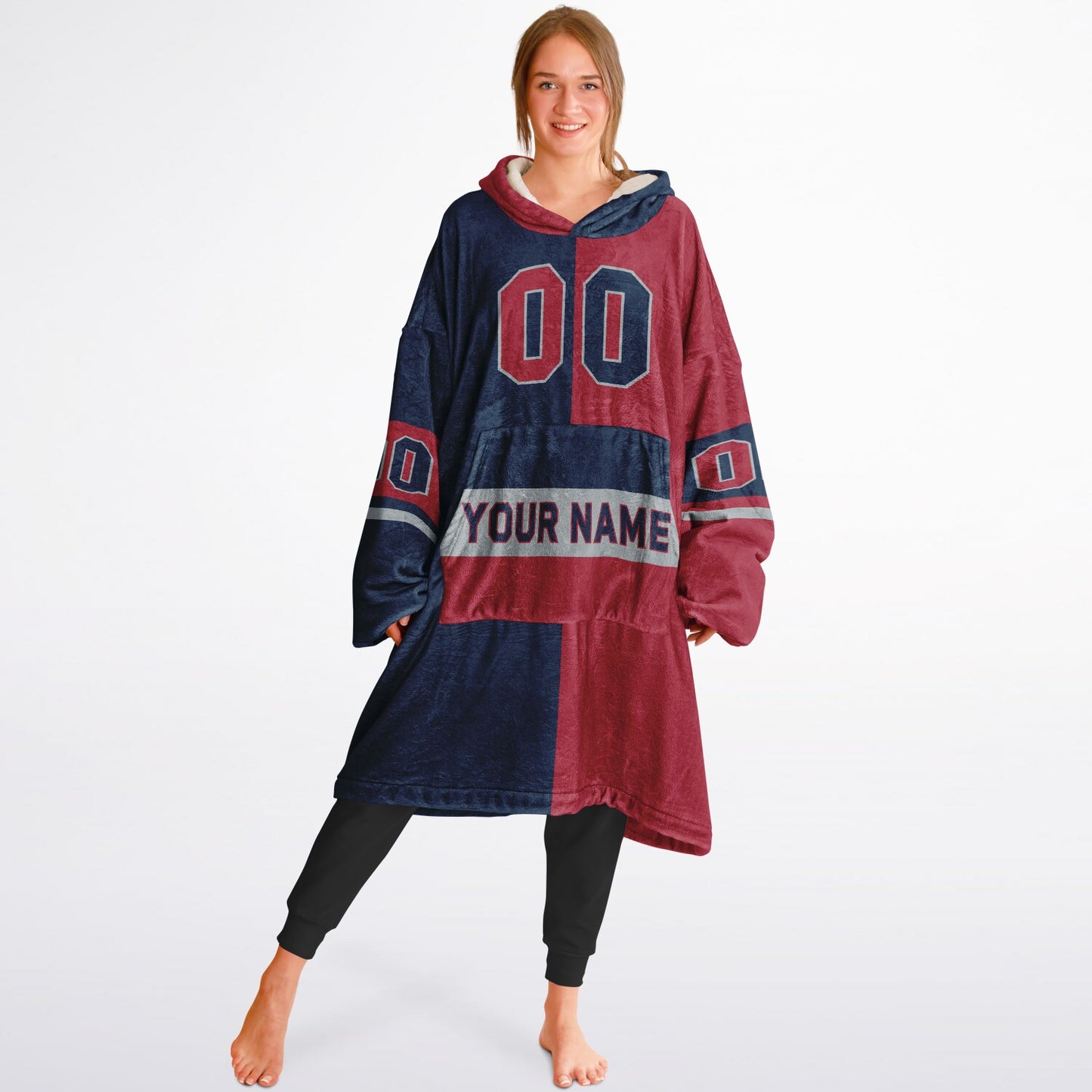 Nautical blue, red, and white halftime snug hoodie with three-tone split design and cozy fleece texture.