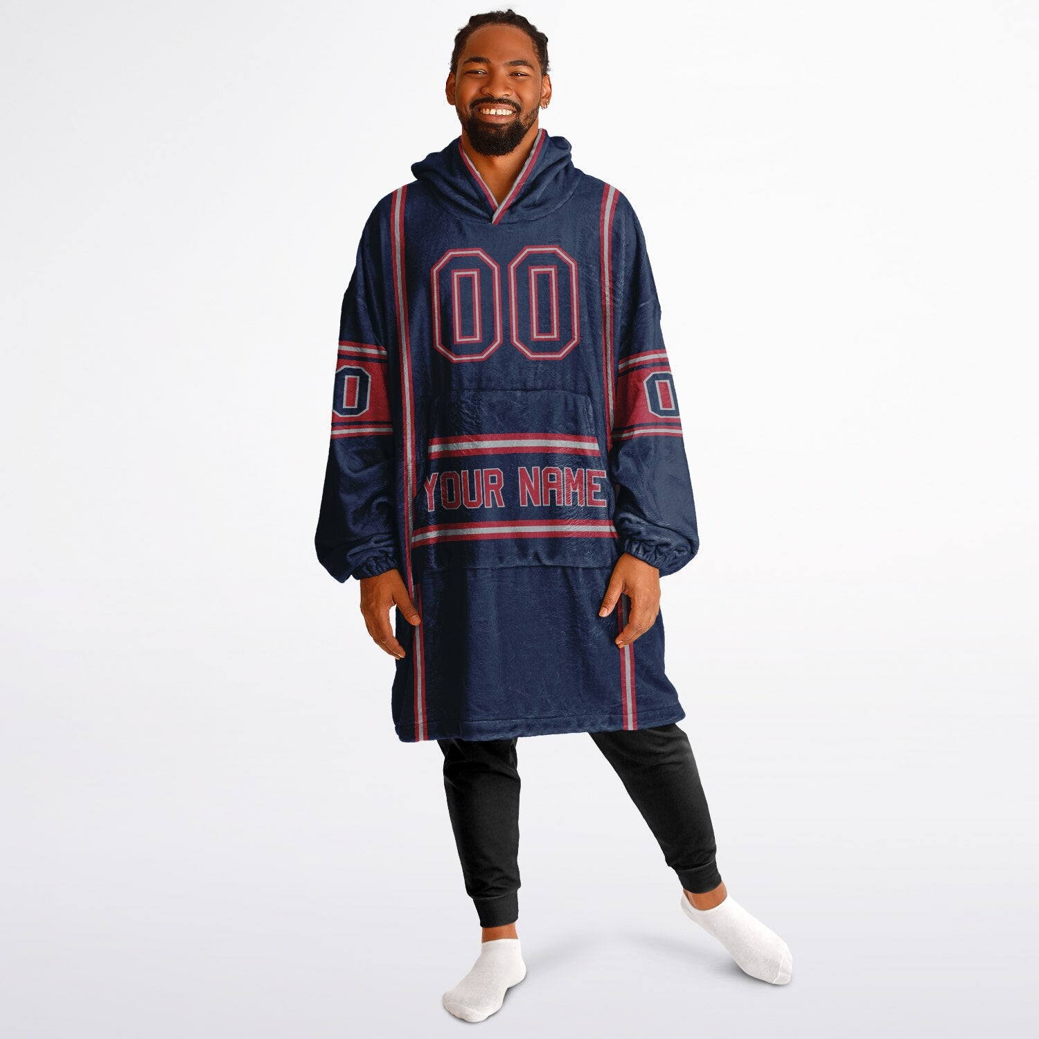 Nautical blue, red, and white lineup snug hoodie with clean line work and subtle jersey influence.