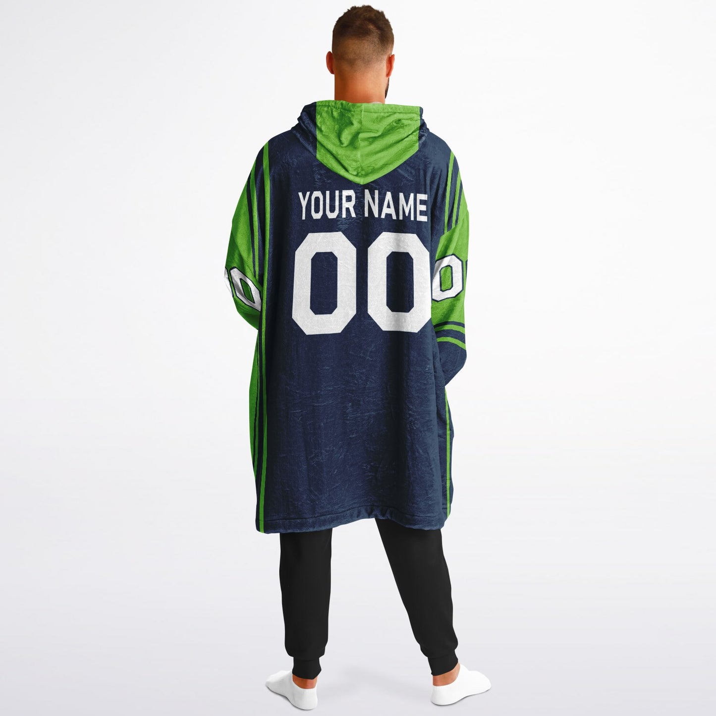 Navy and green bold snug hoodie with modern color-block design and soft loungewear fit.