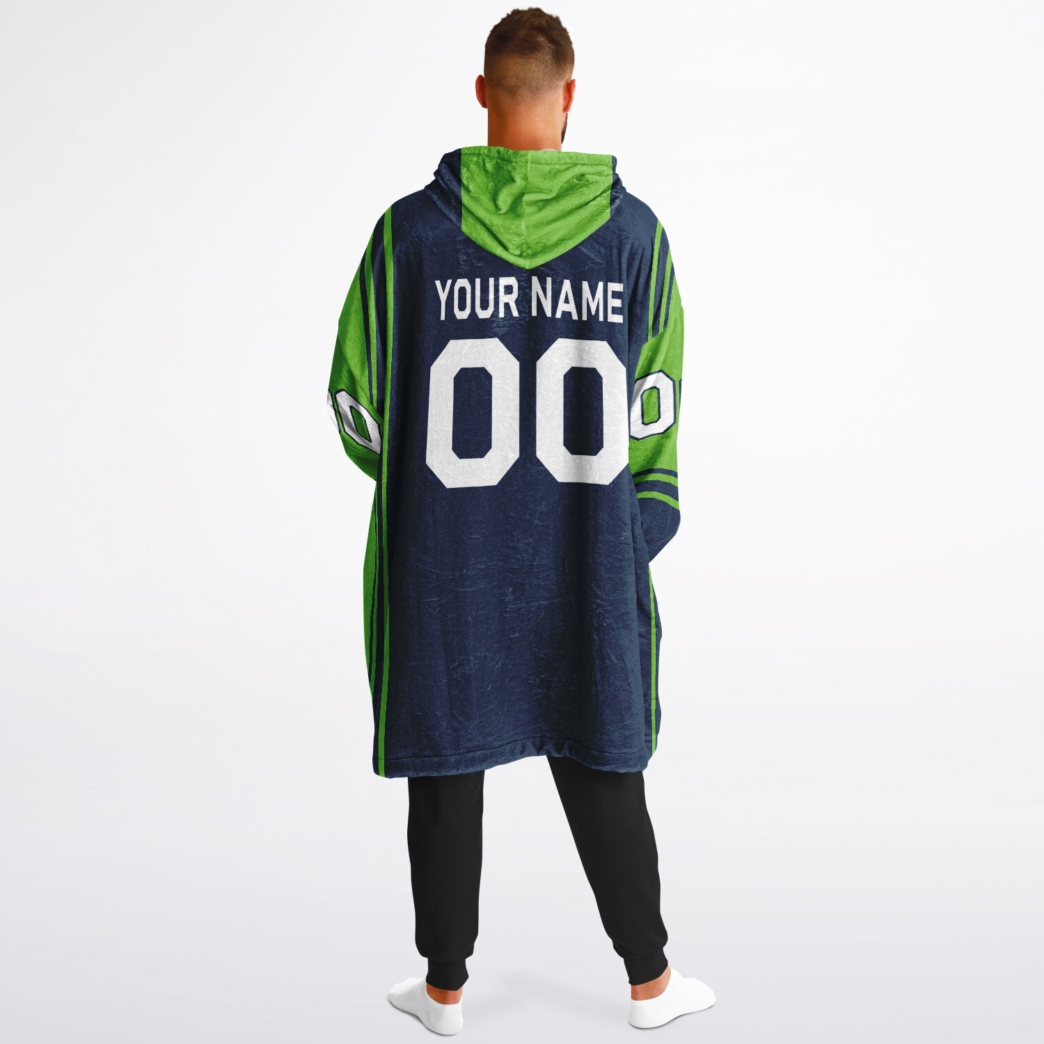 Navy and green bold snug hoodie with modern color-block design and soft loungewear fit.