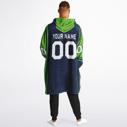 Navy and green bold snug hoodie with modern color-block design and soft loungewear fit.