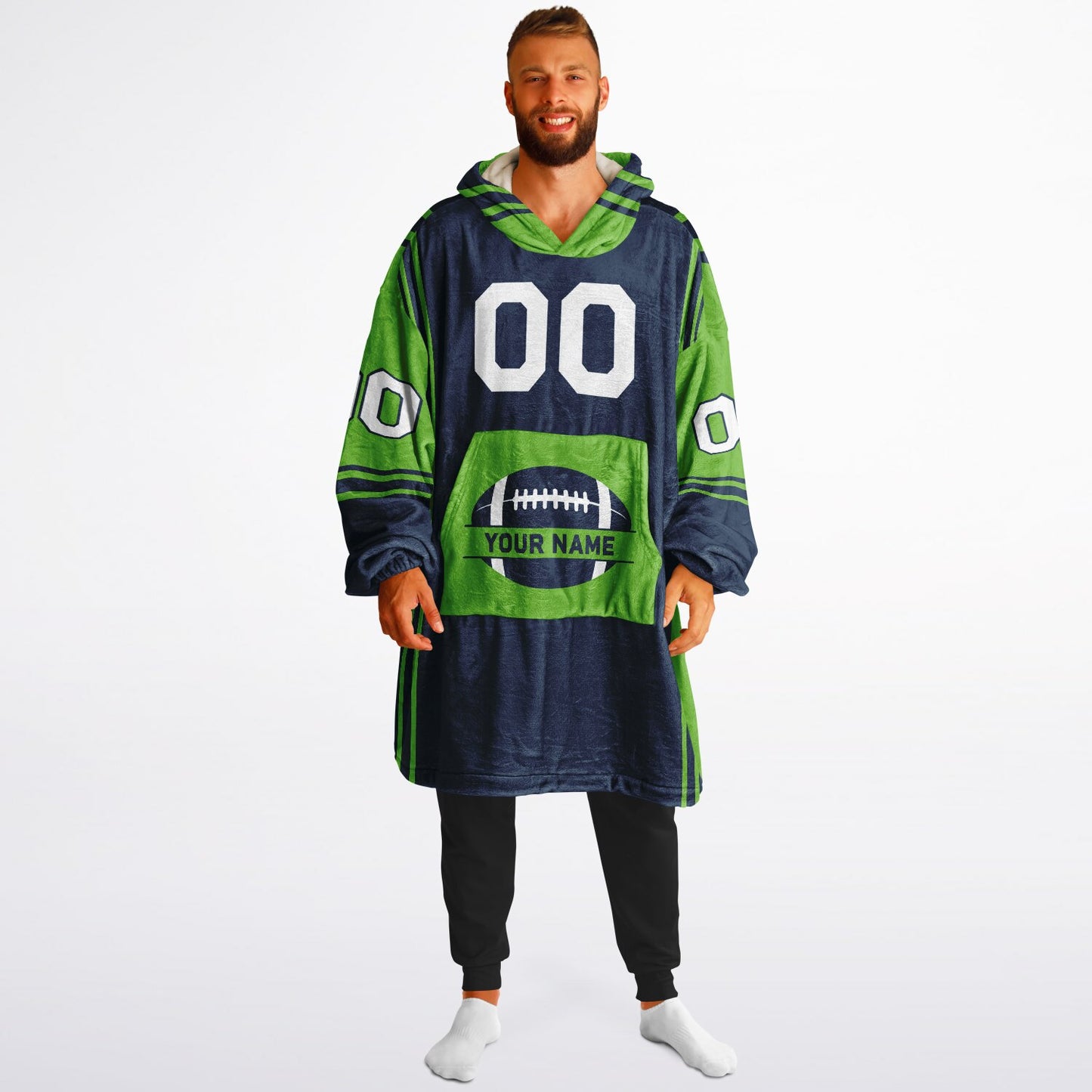 Navy and green bold snug hoodie with modern color-block design and soft loungewear fit.