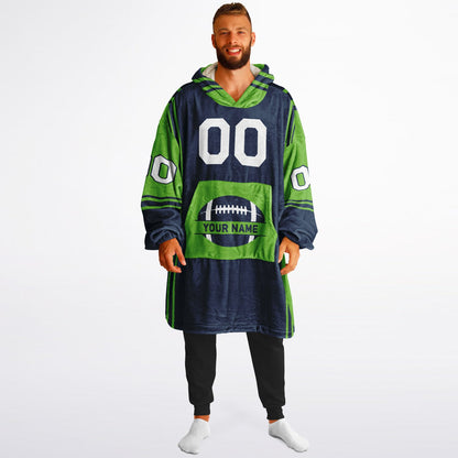 Navy and green bold snug hoodie with modern color-block design and soft loungewear fit.