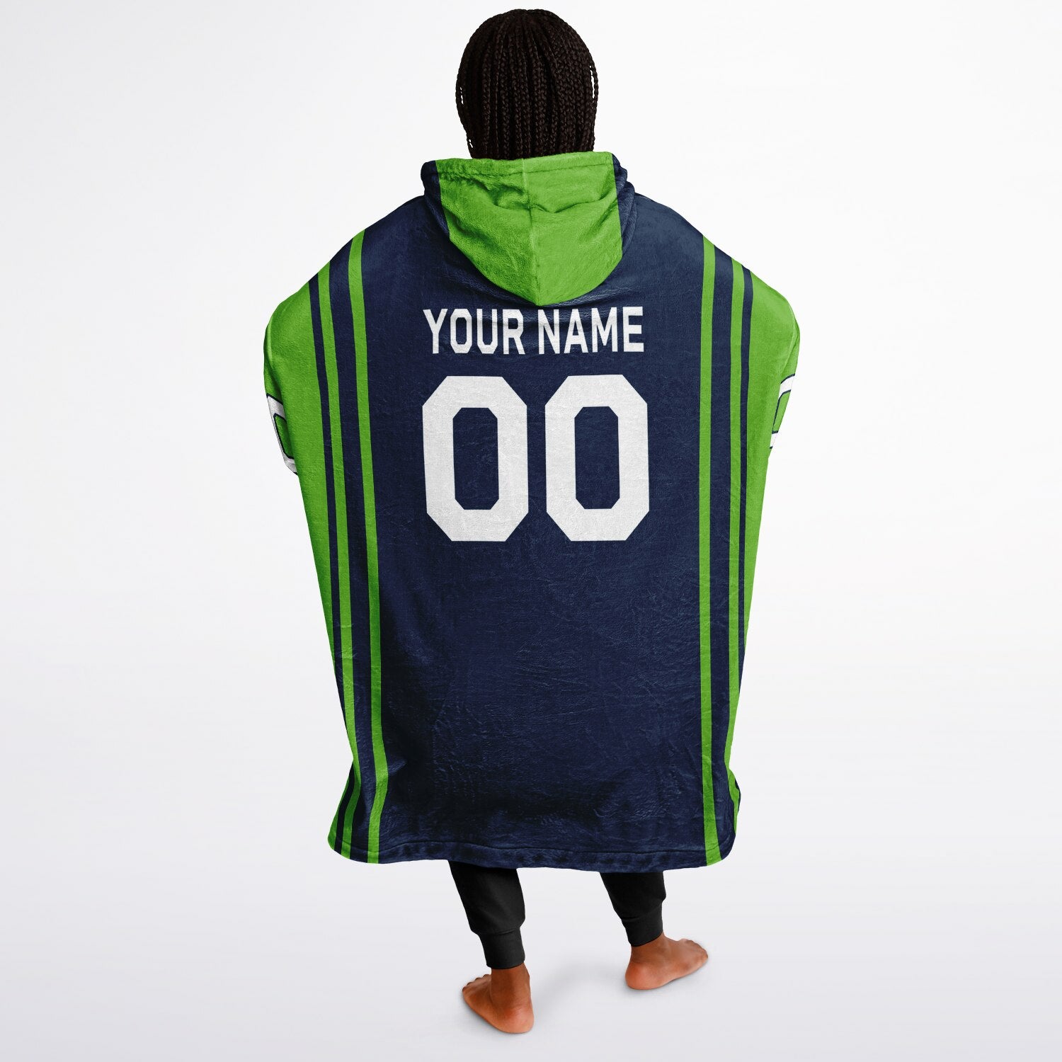 Navy and green bold snug hoodie with modern color-block design and soft loungewear fit.