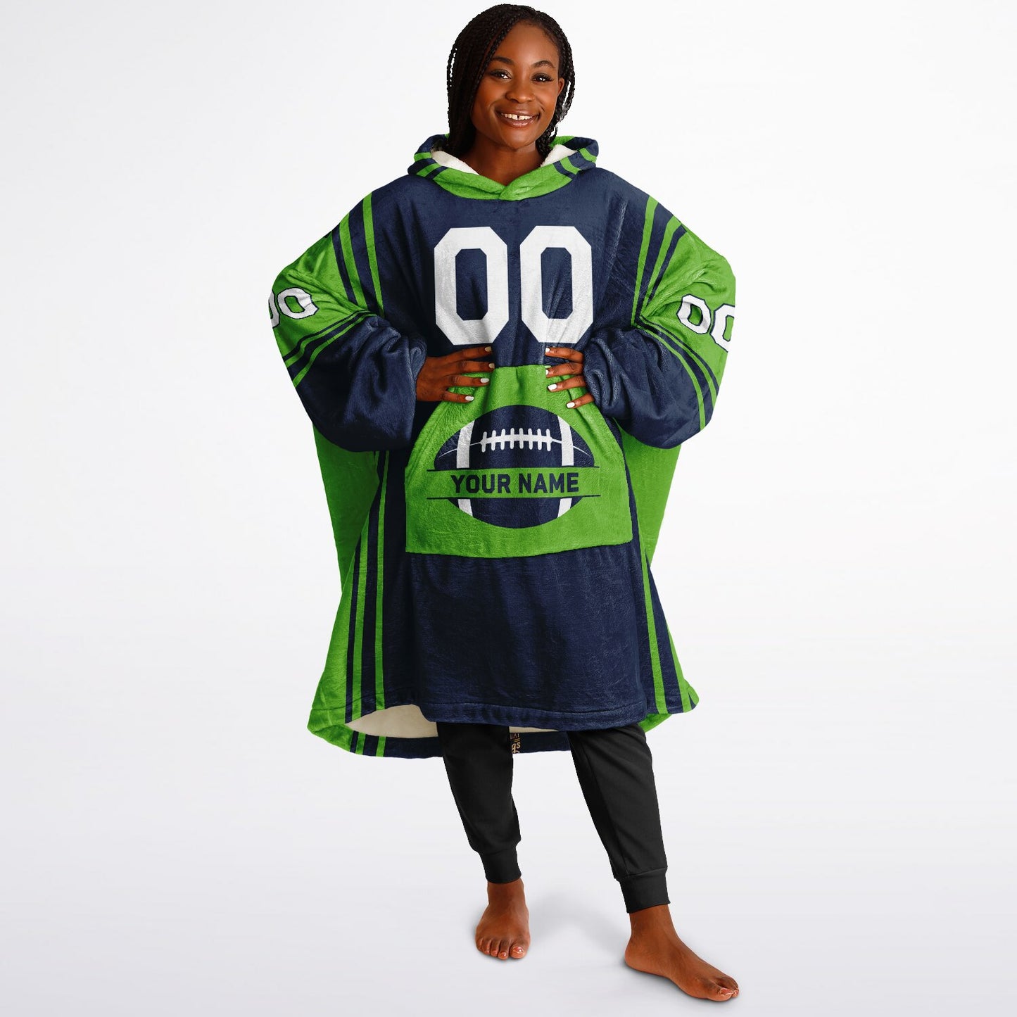 Navy and green bold snug hoodie with modern color-block design and soft loungewear fit.