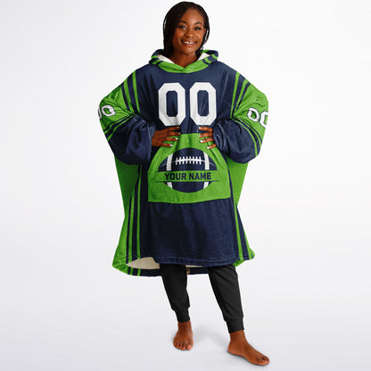 Navy and green bold snug hoodie with modern color-block design and soft loungewear fit.