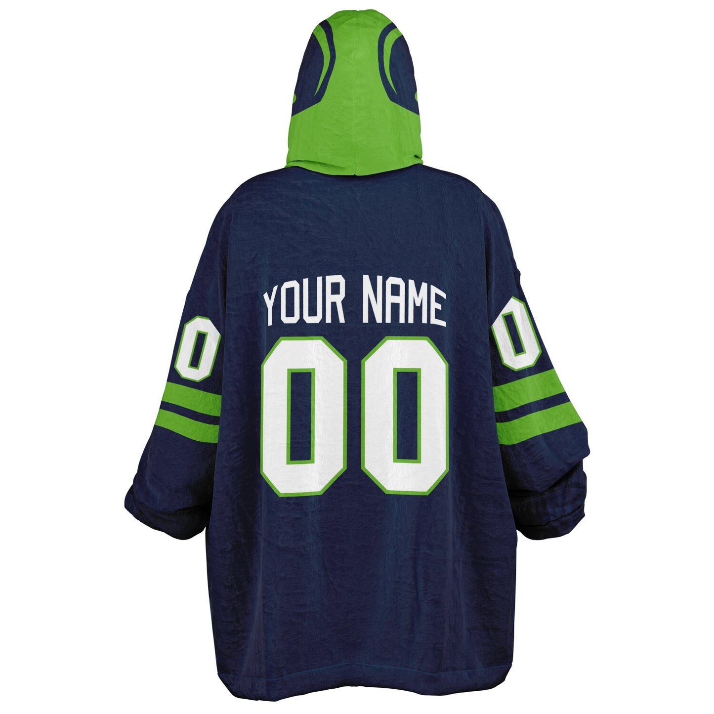 Navy and green classic snug hoodie featuring jersey-style stripes and personalized name and number.