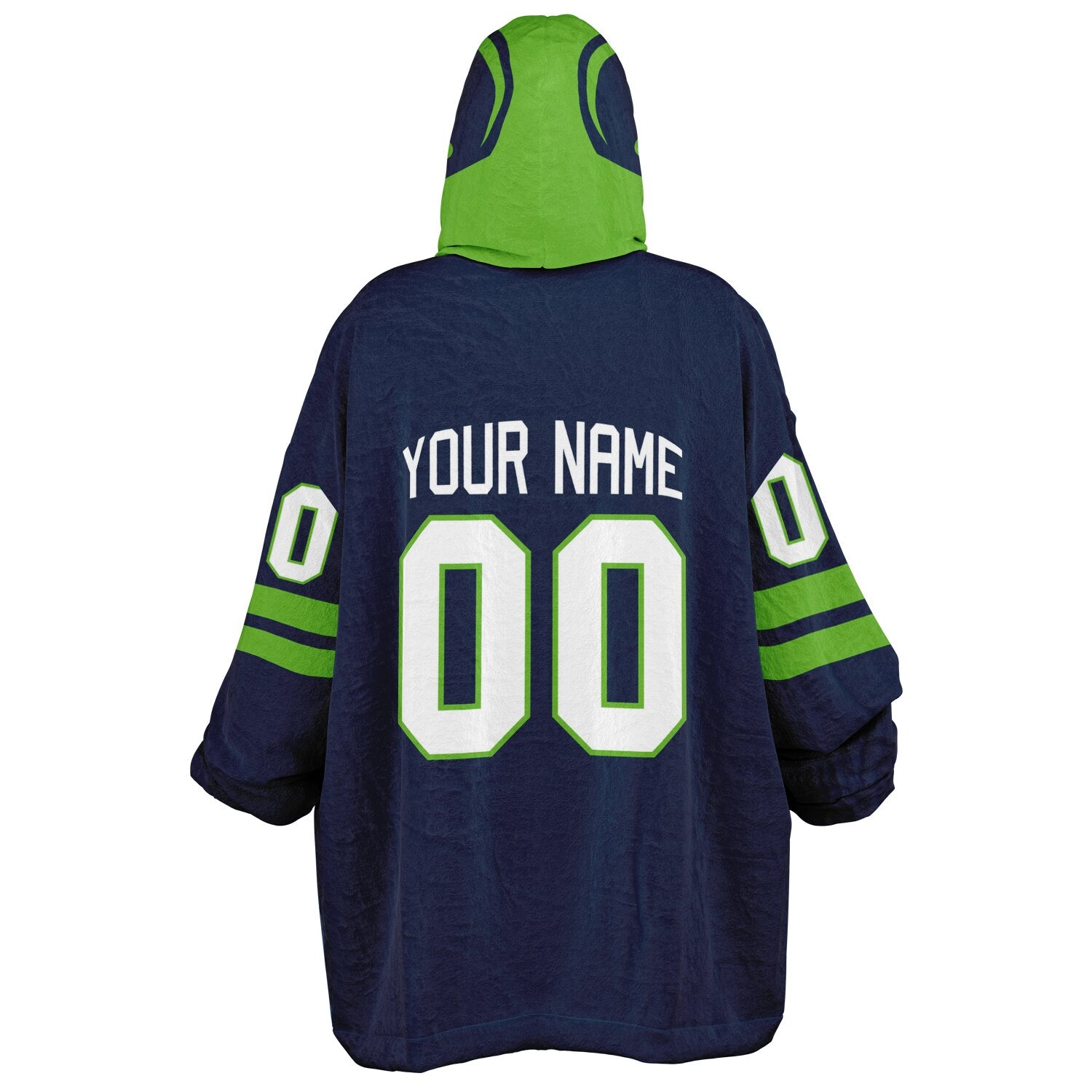 Navy and green classic snug hoodie featuring jersey-style stripes and personalized name and number.