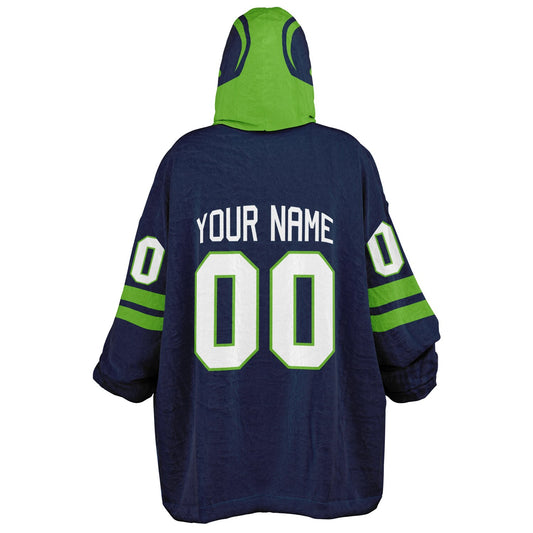 Navy and green classic snug hoodie featuring jersey-style stripes and personalized name and number.