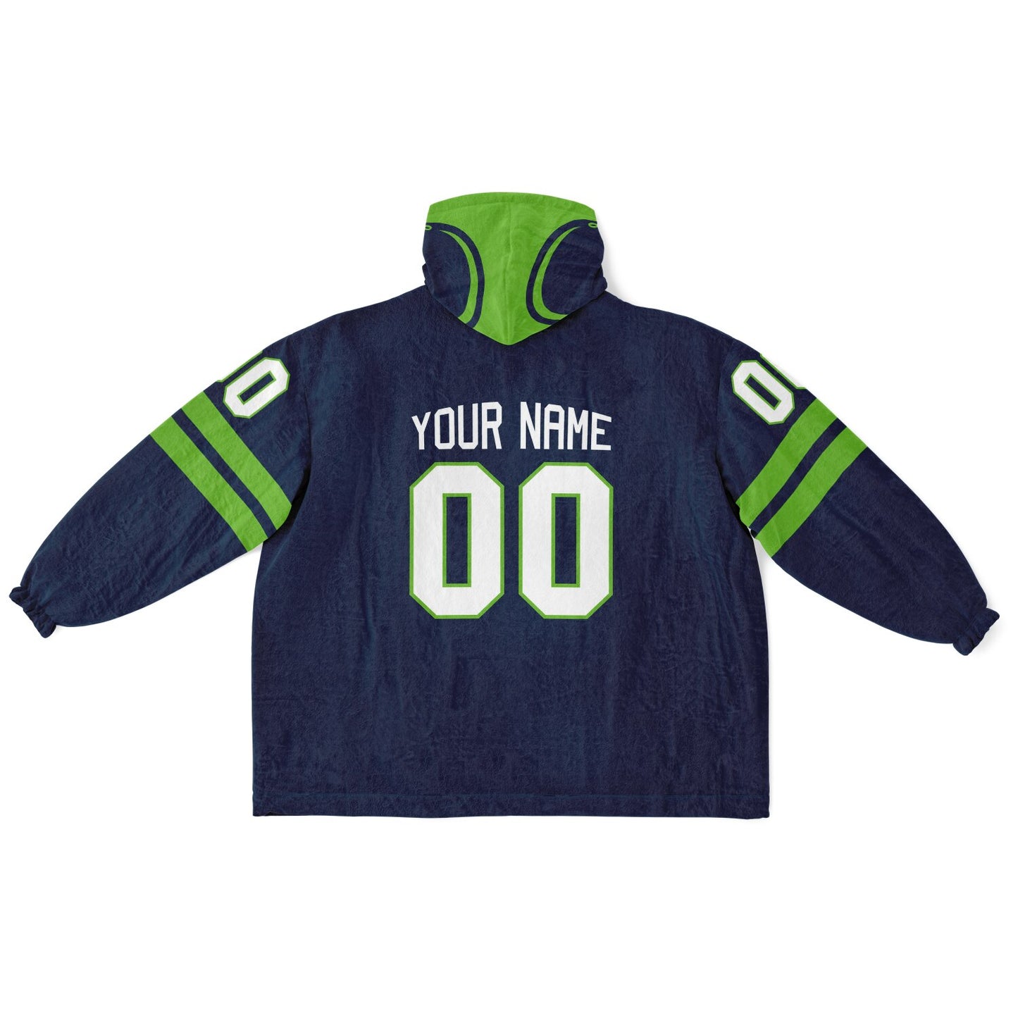Navy and green classic snug hoodie featuring jersey-style stripes and personalized name and number.