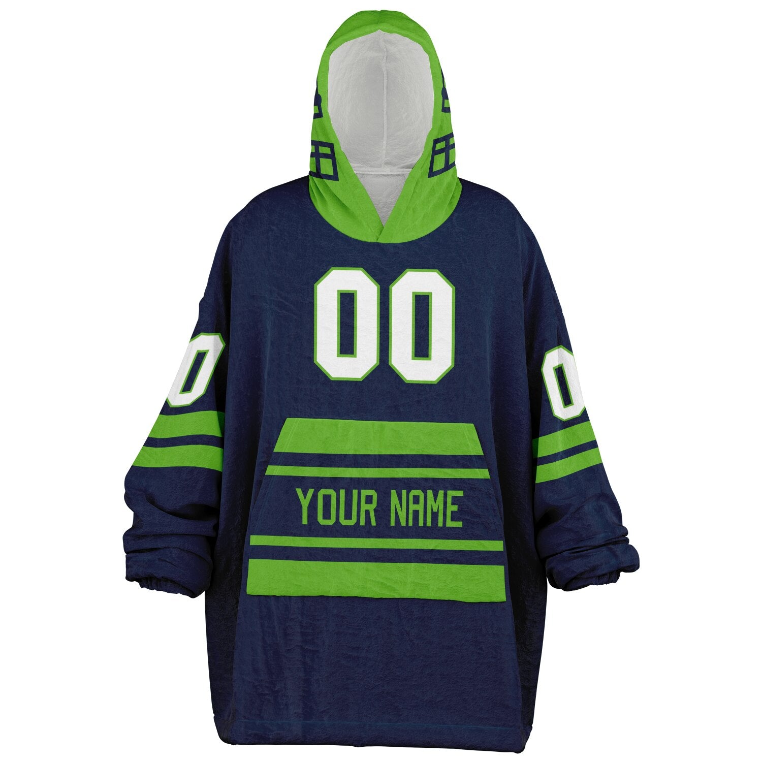 Navy and green classic snug hoodie featuring jersey-style stripes and personalized name and number.