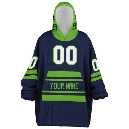 Navy and green classic snug hoodie featuring jersey-style stripes and personalized name and number.