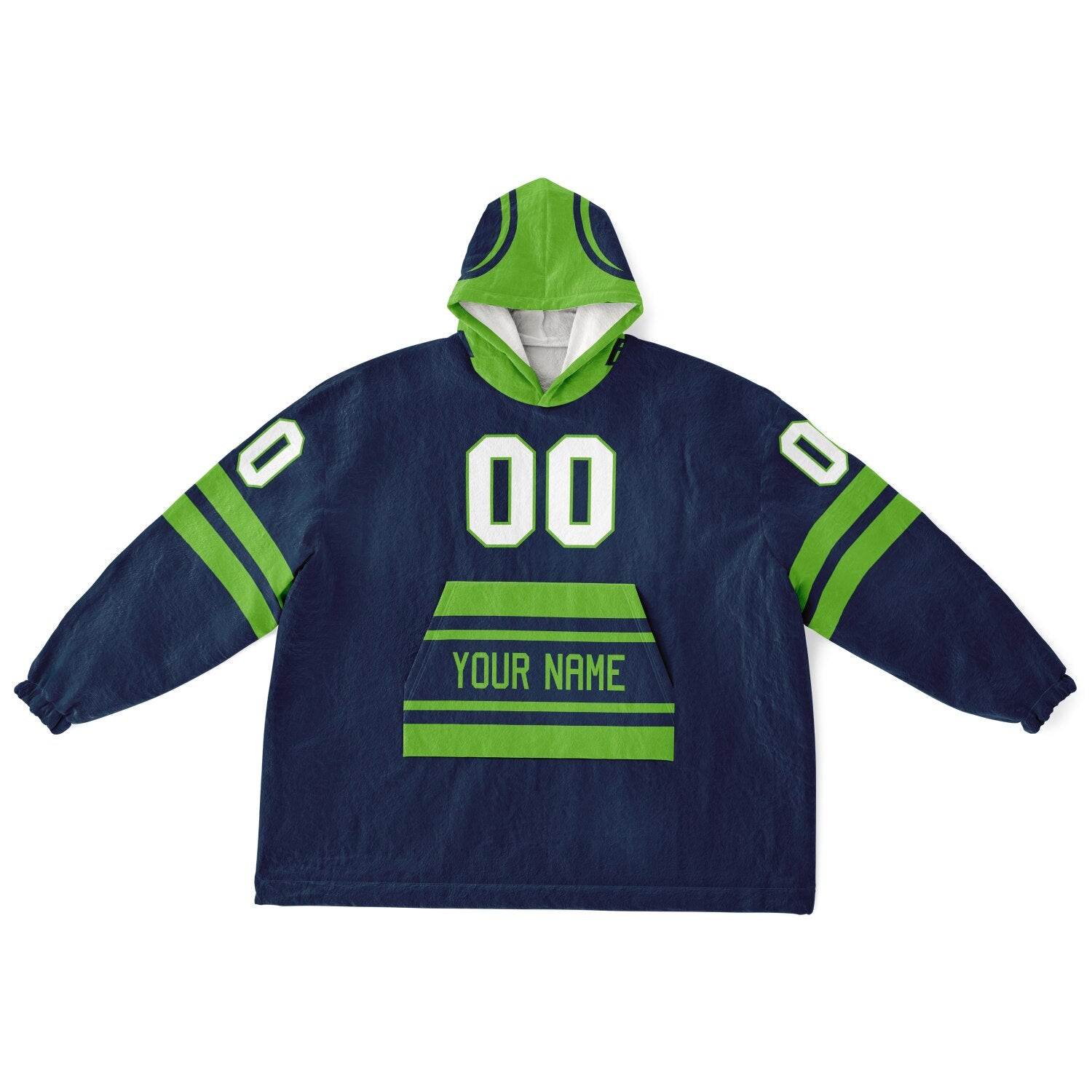 Navy and green classic snug hoodie featuring jersey-style stripes and personalized name and number.