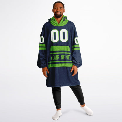 Navy and green classic snug hoodie featuring jersey-style stripes and personalized name and number.