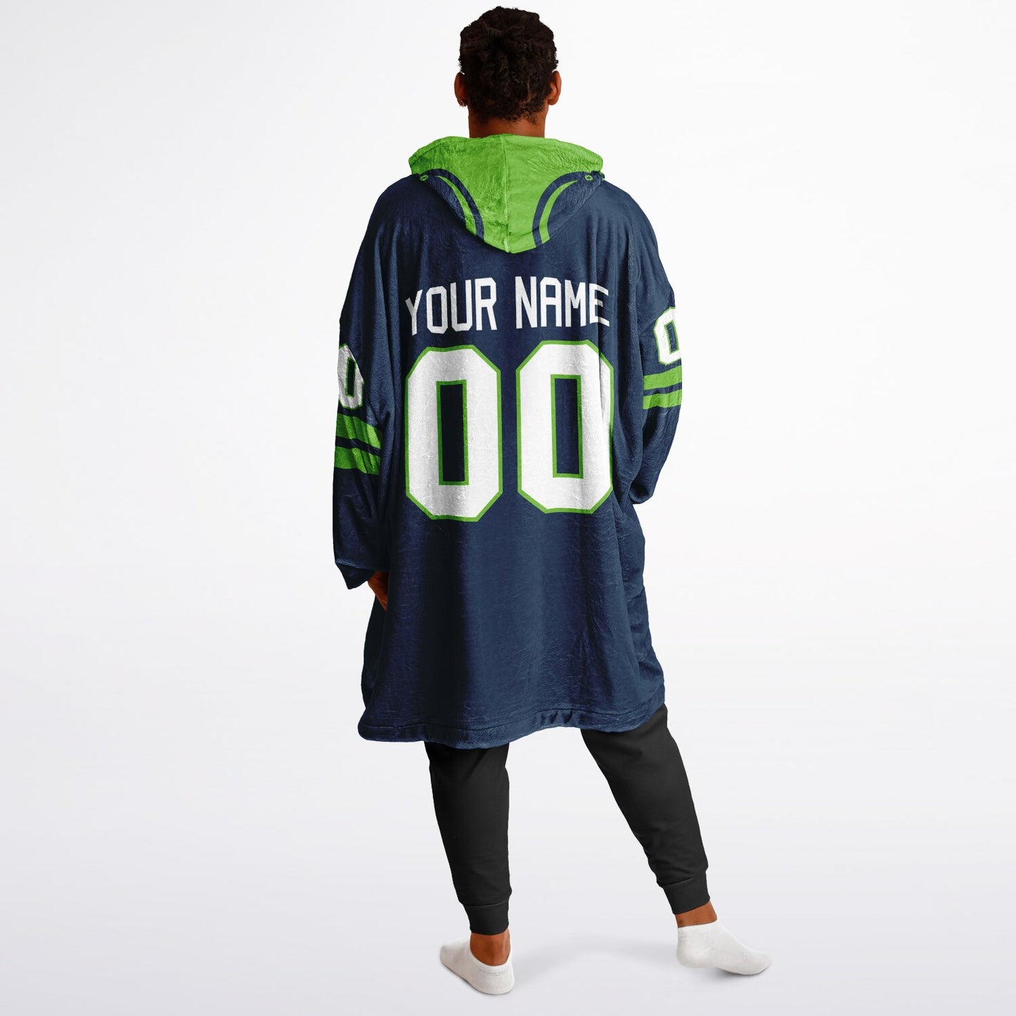Navy and green classic snug hoodie featuring jersey-style stripes and personalized name and number.