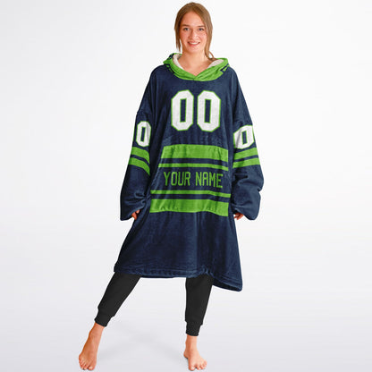 Navy and green classic snug hoodie featuring jersey-style stripes and personalized name and number.