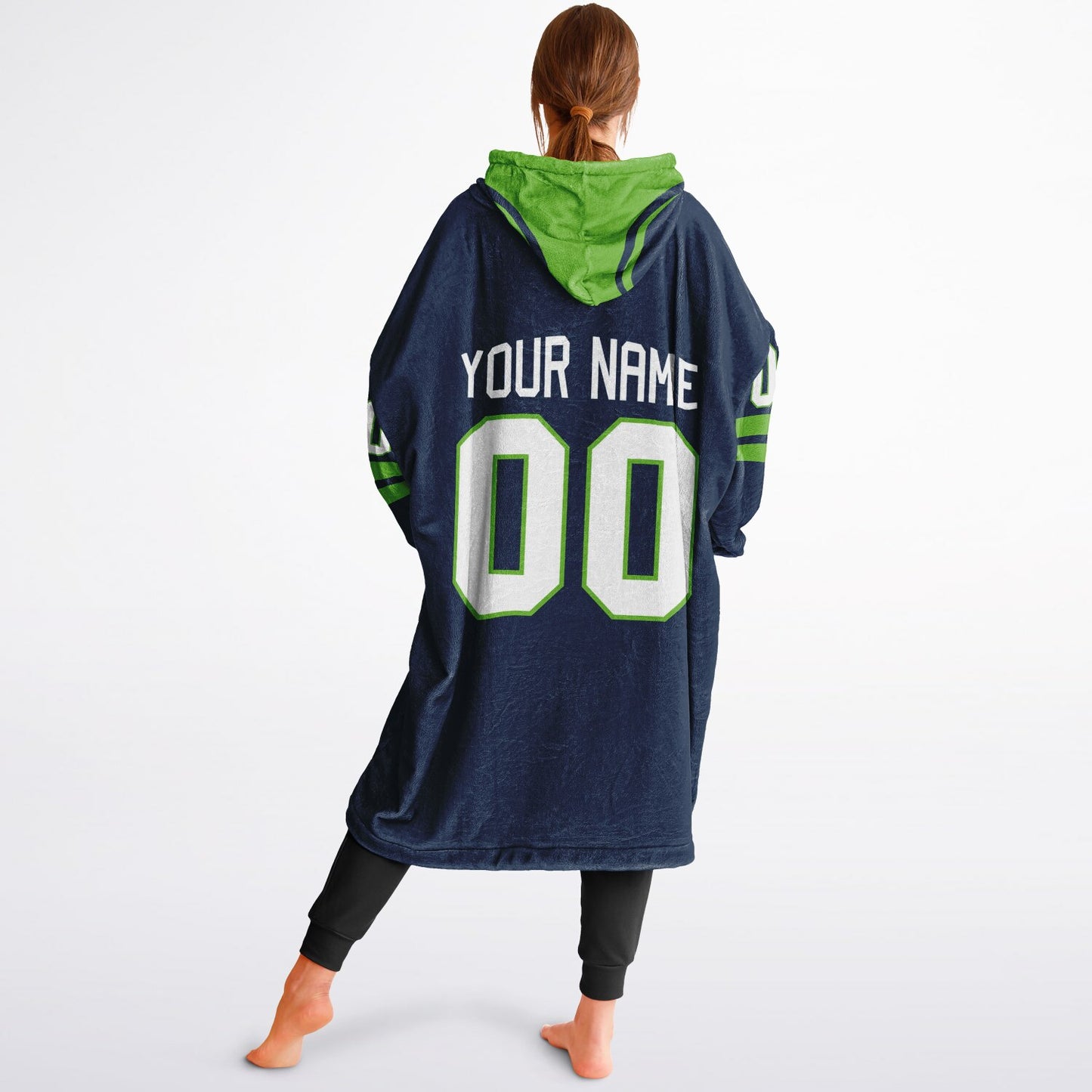 Navy and green classic snug hoodie featuring jersey-style stripes and personalized name and number.