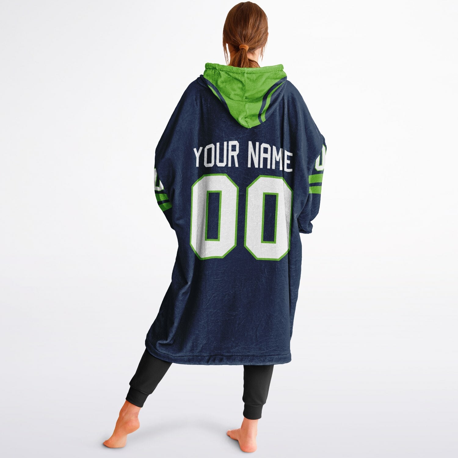 Navy and green classic snug hoodie featuring jersey-style stripes and personalized name and number.