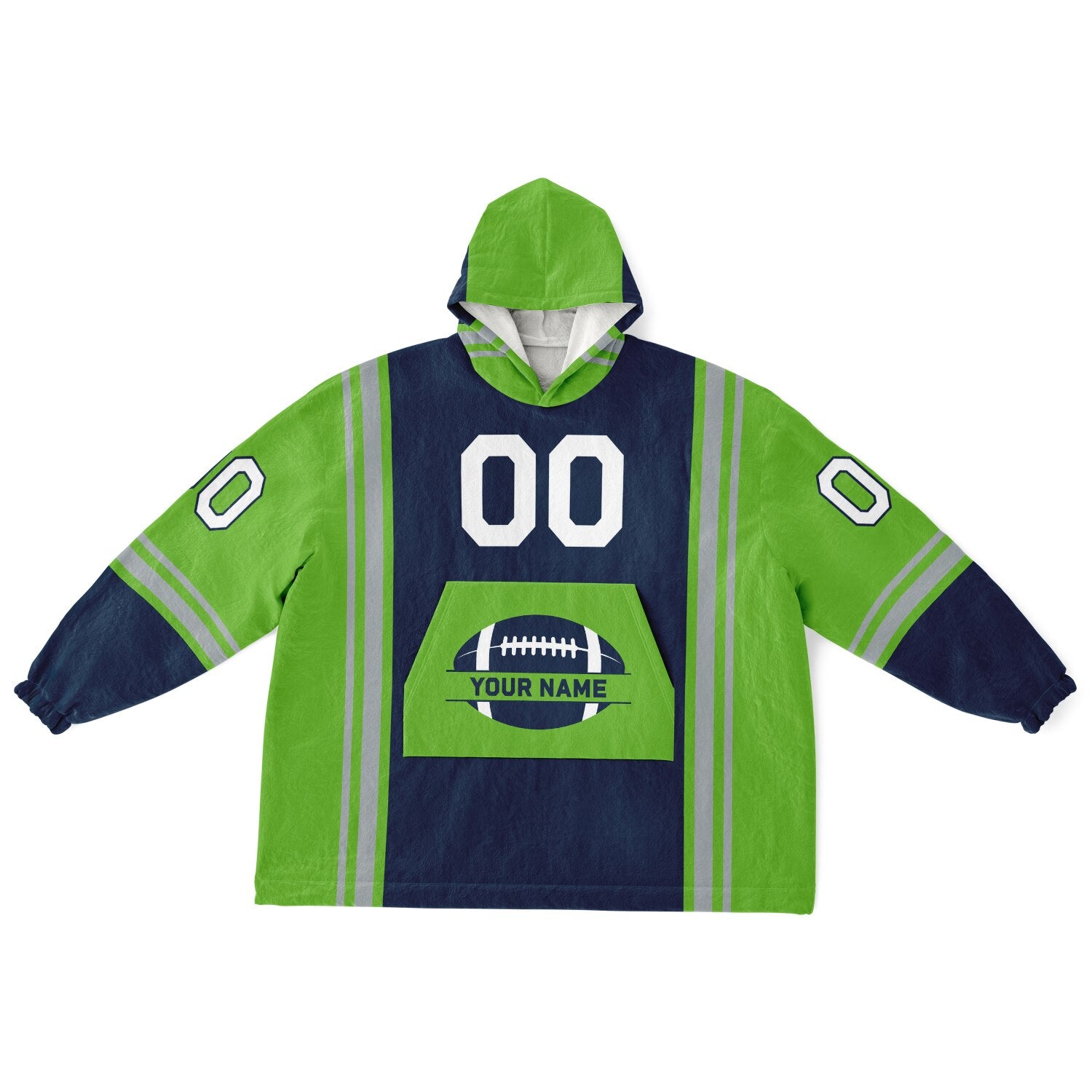 Navy, green, and gray bold snug hoodie with triple color blocking and a sporty aesthetic.