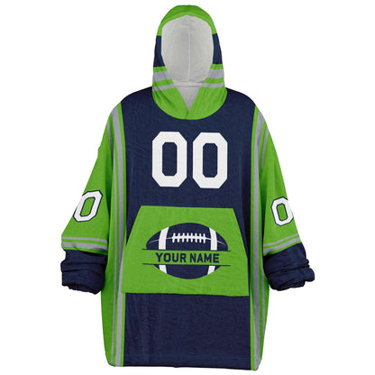 Navy, green, and gray bold snug hoodie with triple color blocking and a sporty aesthetic.