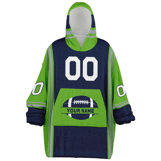 Navy, green, and gray bold snug hoodie with triple color blocking and a sporty aesthetic.