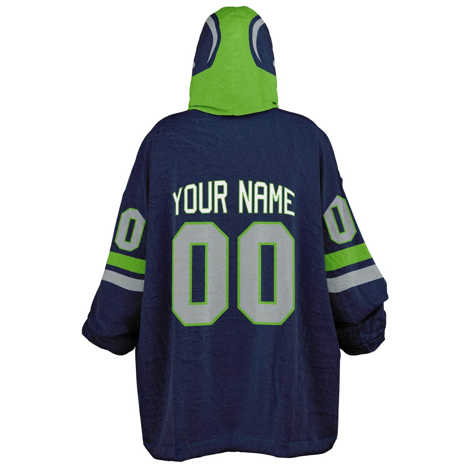 Navy, green, and gray classic snug hoodie featuring authentic jersey striping and personalized number details.