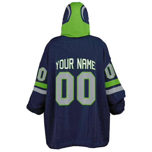 Navy, green, and gray classic snug hoodie featuring authentic jersey striping and personalized number details.
