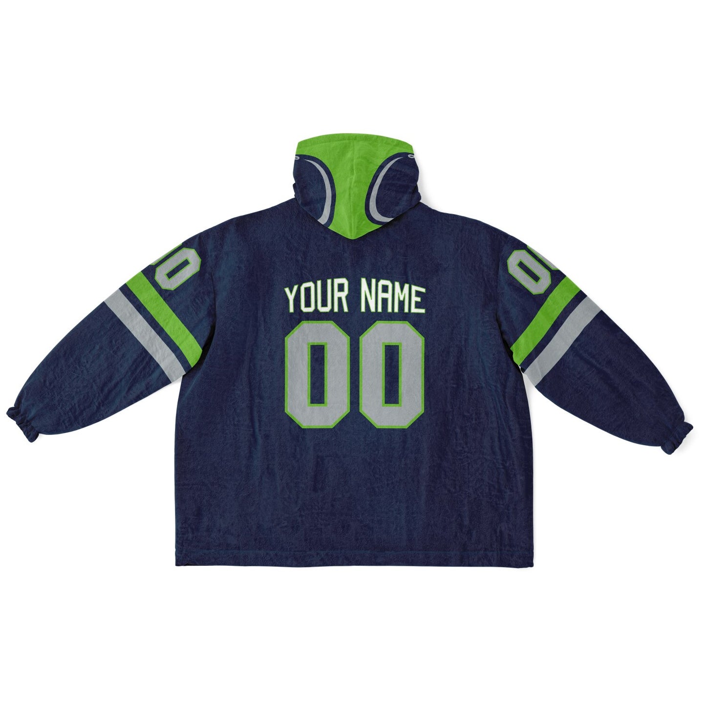 Navy, green, and gray classic snug hoodie featuring authentic jersey striping and personalized number details.