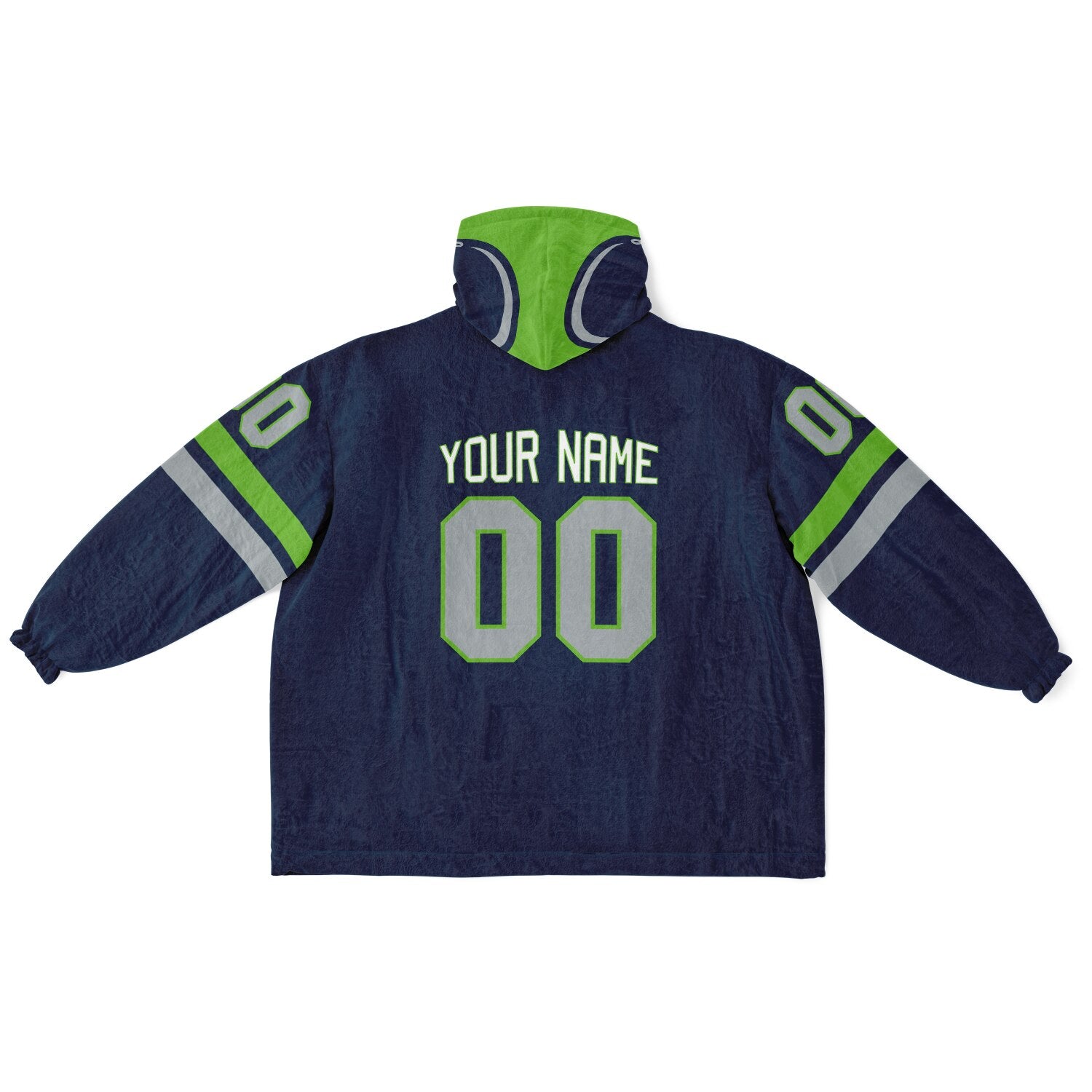 Navy, green, and gray classic snug hoodie featuring authentic jersey striping and personalized number details.