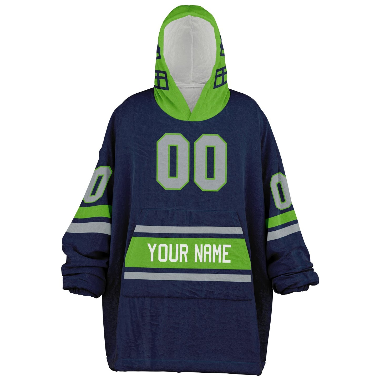 Navy, green, and gray classic snug hoodie featuring authentic jersey striping and personalized number details.