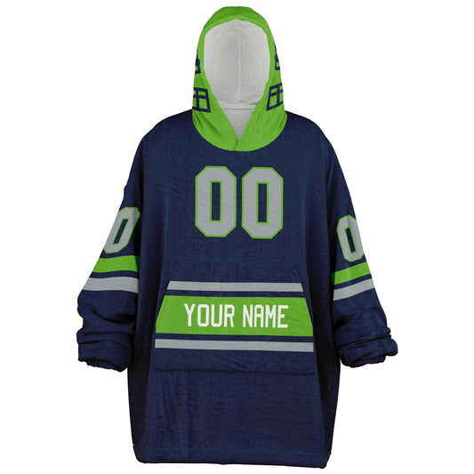 Navy, green, and gray classic snug hoodie featuring authentic jersey striping and personalized number details.
