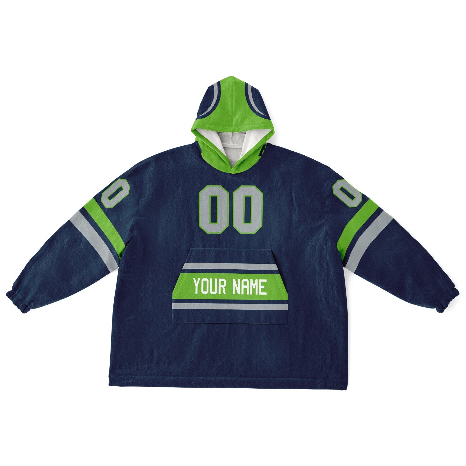 Navy, green, and gray classic snug hoodie featuring authentic jersey striping and personalized number details.