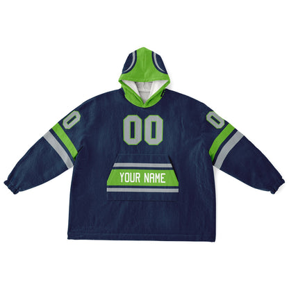 Navy, green, and gray classic snug hoodie featuring authentic jersey striping and personalized number details.