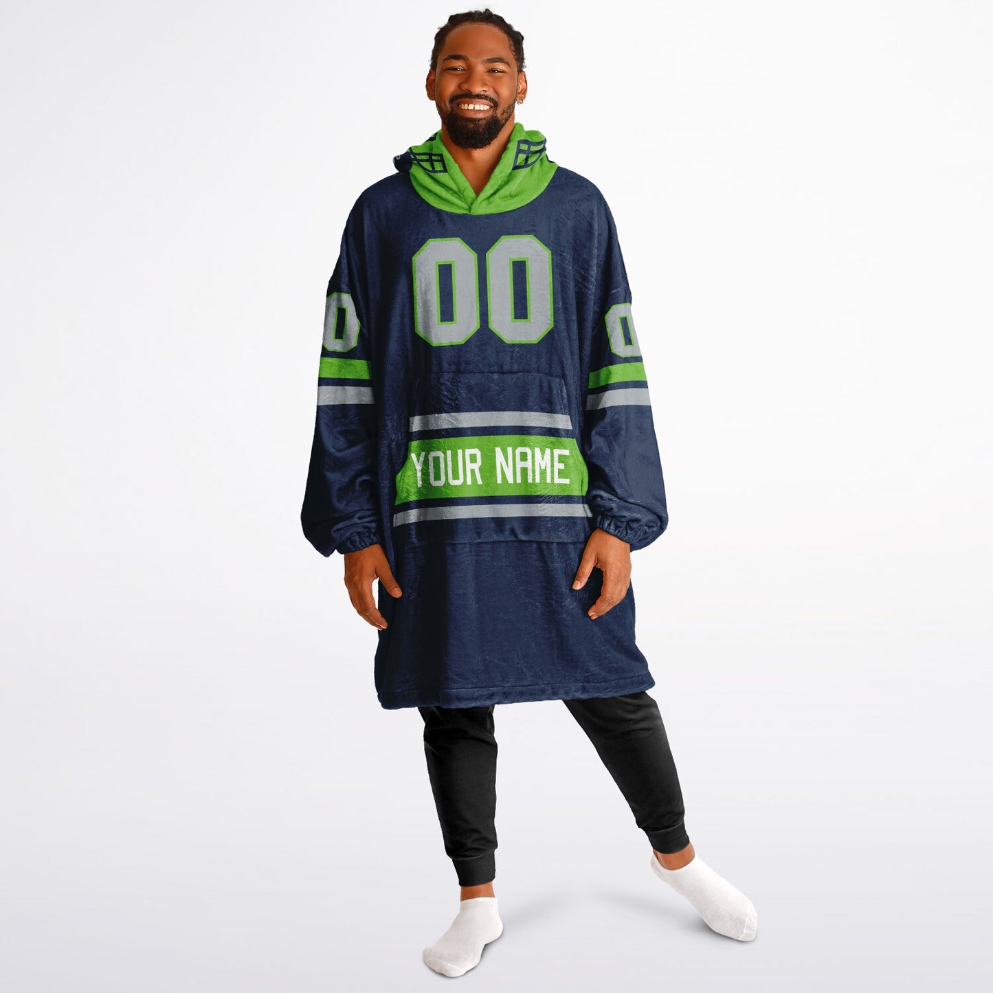 Navy, green, and gray classic snug hoodie featuring authentic jersey striping and personalized number details.