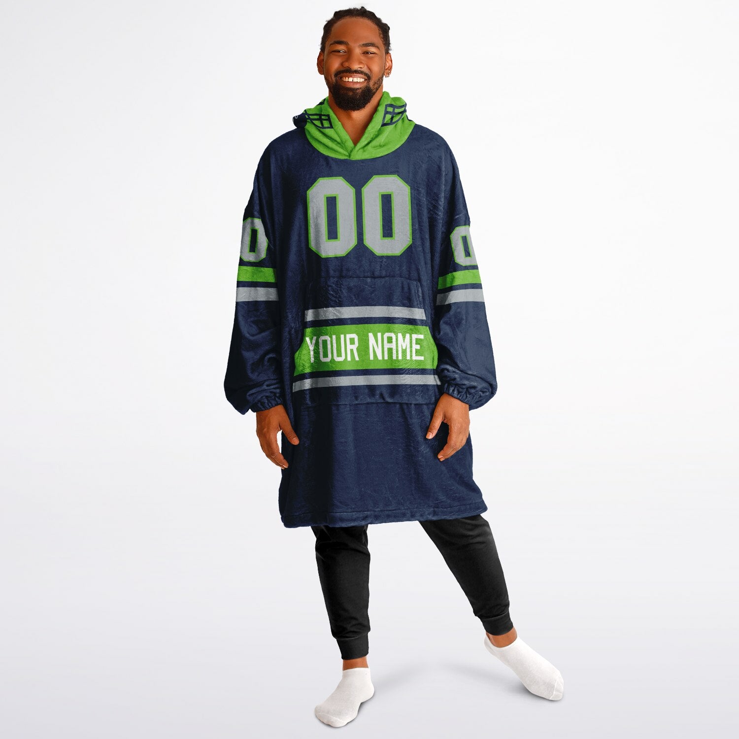 Navy, green, and gray classic snug hoodie featuring authentic jersey striping and personalized number details.